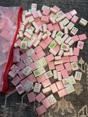Pink and White Mahjong Tile Set - Floral & Mahjong Icons